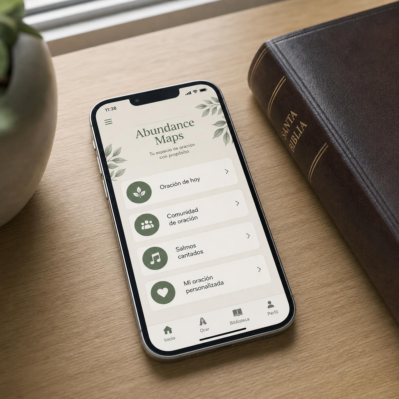 Abundance Maps app open on a smartphone showing prayers, the prayer community and sung psalms.