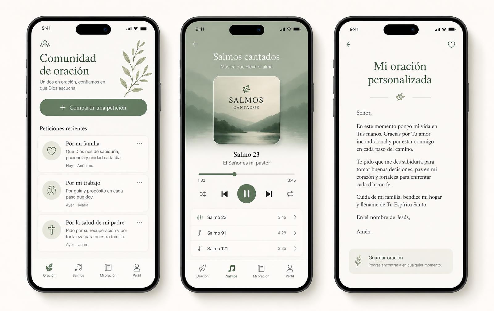 Three Abundance Maps screens: prayer community, sung psalms and personalized prayer.